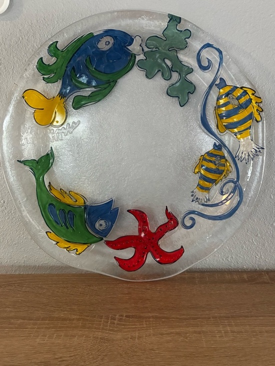 Other - 15” Reverse Painted Glass Platter Tropical Fish Coastal Nautical Decor
